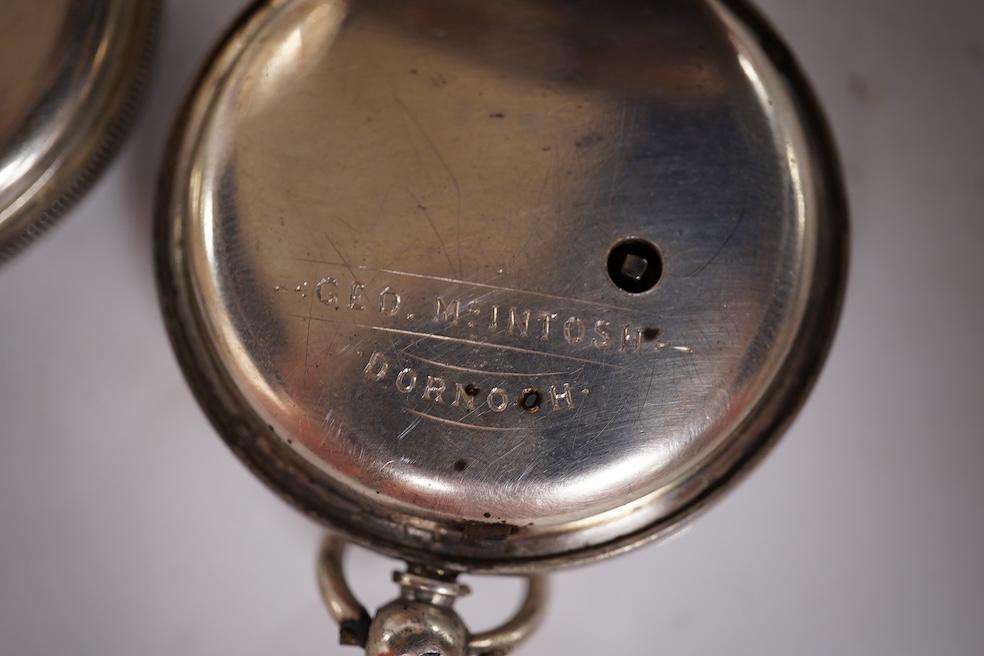 Three early to mid 20th century silver open faced pocket watches, with Roman or Arabic dials and subsidiary seconds, including two keyless and one key wind (Admiral Tacy Watch Co), together with one smaller silver open f